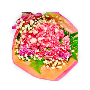 A beautiful Women's Day bouquet featuring vibrant pink marbled carnations, soft baby’s breath, and lush greenery, elegantly wrapped in pink, symbolizing appreciation and strength. Available for delivery in Oshawa & GTA