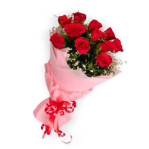 A stunning Women's Day bouquet featuring premium red roses, wrapped in soft pink fabric and adorned with delicate baby's breath. Perfect for honoring the women in your life in Oshawa & GTA.
