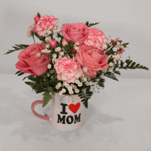 Mom’s Love in a Mug – Pink Rose & Carnation Arrangement