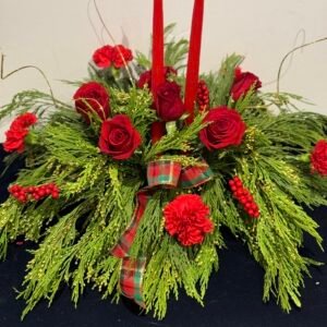Red Roses with Cedar and 2 Candles