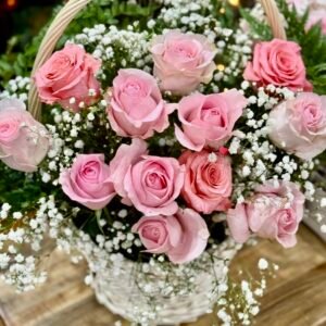 Pink Roses with Cedar and Baby’s Breath