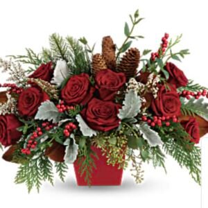 Red Roses with Cedar and Pine Cones